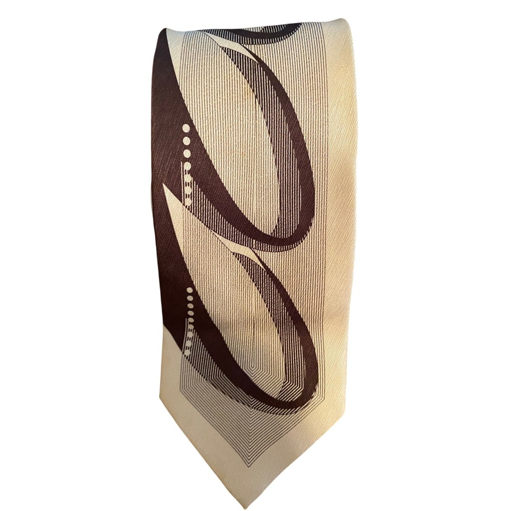 Bruno Conte Mens Silk Necktie Cream Brown Geometric Graphic Abstract Hand Made‎